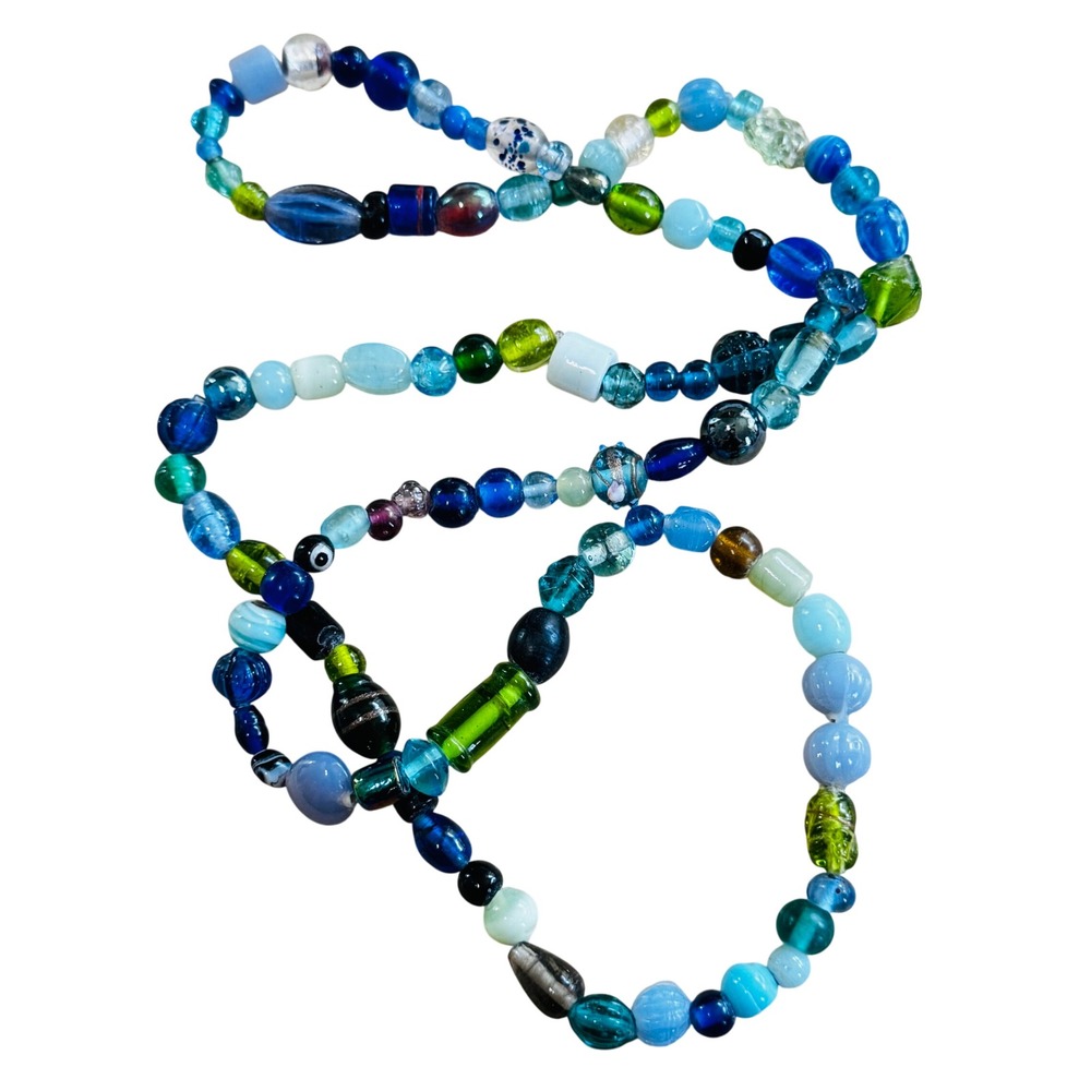 VTG BOHO Necklace Blue Poured Art Glass‎ Beads Molded Lampwork Venetian Rare 36"